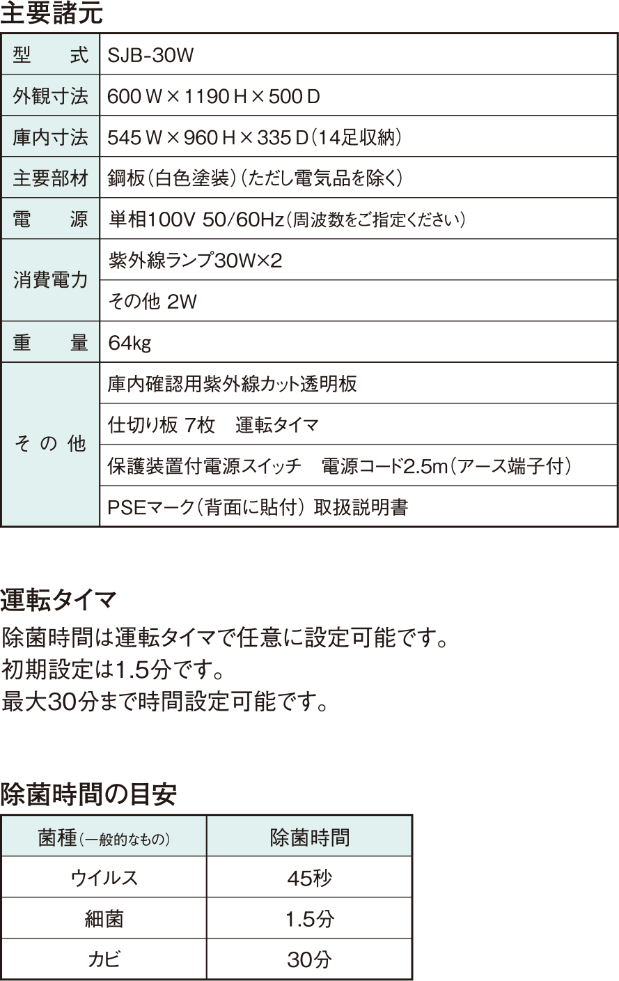 主要諸元・運転タイマ・除菌時間の目安